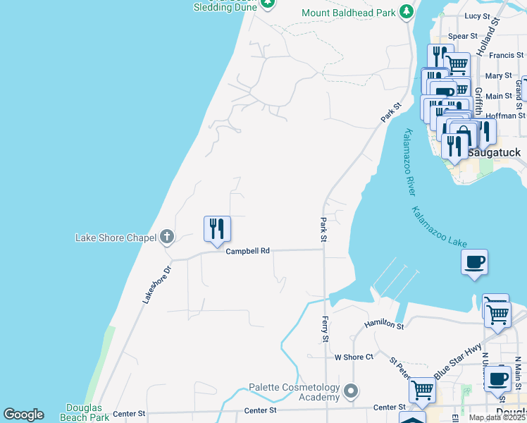 map of restaurants, bars, coffee shops, grocery stores, and more near 582 Campbell Road in Saugatuck