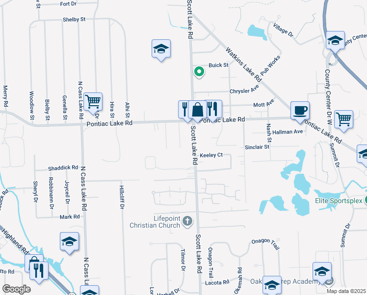 map of restaurants, bars, coffee shops, grocery stores, and more near 868 Falcon Avenue in Waterford Township