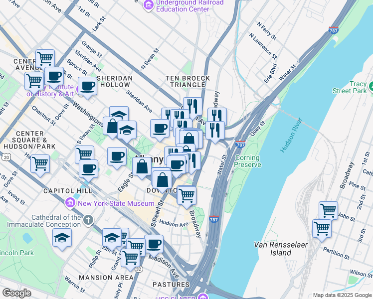 map of restaurants, bars, coffee shops, grocery stores, and more near 90 North Pearl Street in Albany