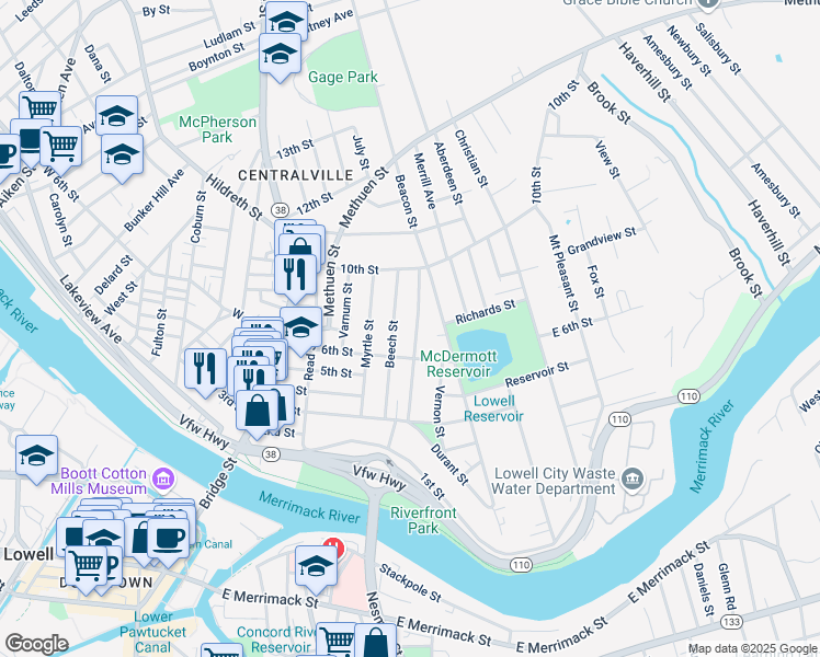 map of restaurants, bars, coffee shops, grocery stores, and more near 96 Fremont Street in Lowell