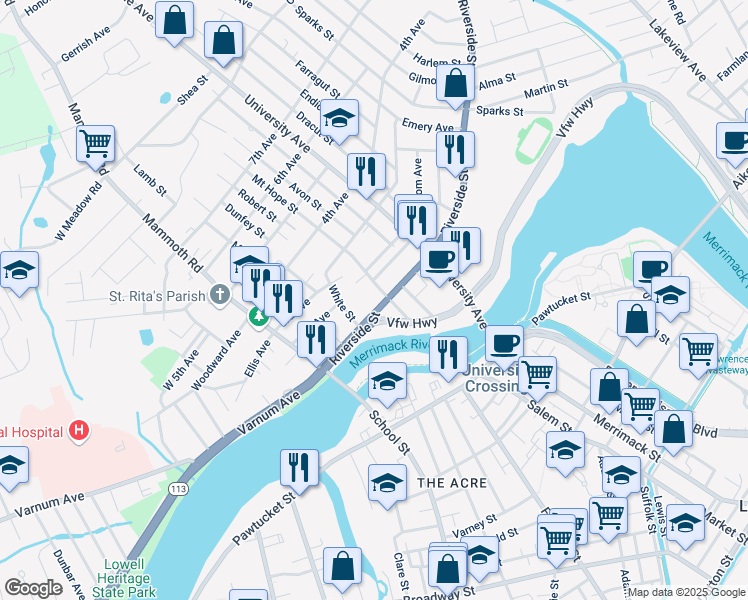 map of restaurants, bars, coffee shops, grocery stores, and more near 56 Mount Hope Street in Lowell