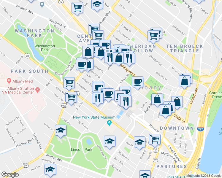 map of restaurants, bars, coffee shops, grocery stores, and more near 100 South Swan Street in Albany