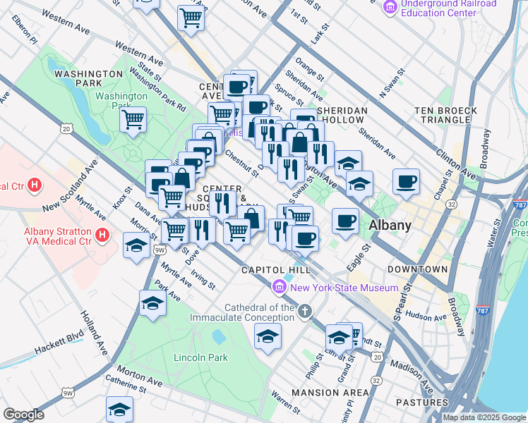 map of restaurants, bars, coffee shops, grocery stores, and more near 139.5 Jay Street in Albany