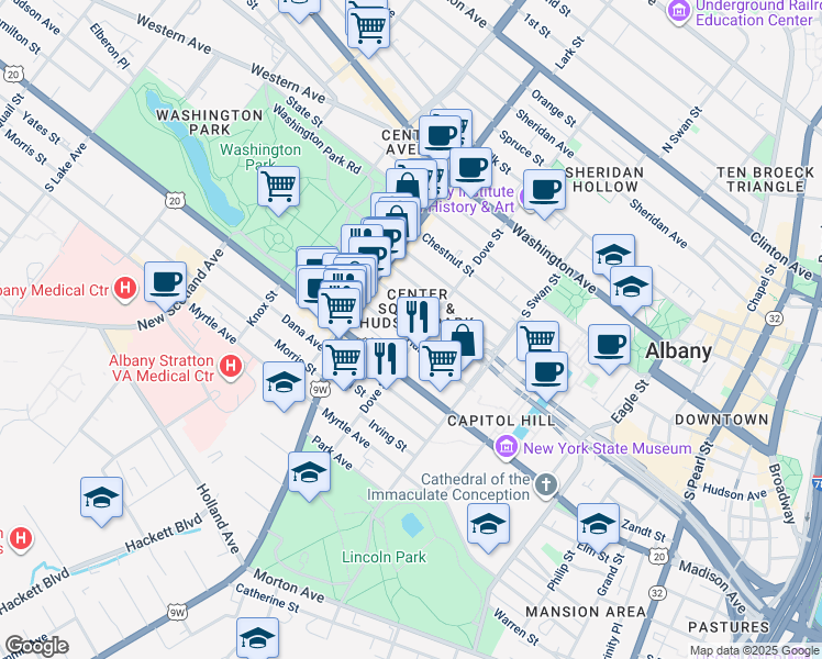 map of restaurants, bars, coffee shops, grocery stores, and more near 107 Dove Street in Albany