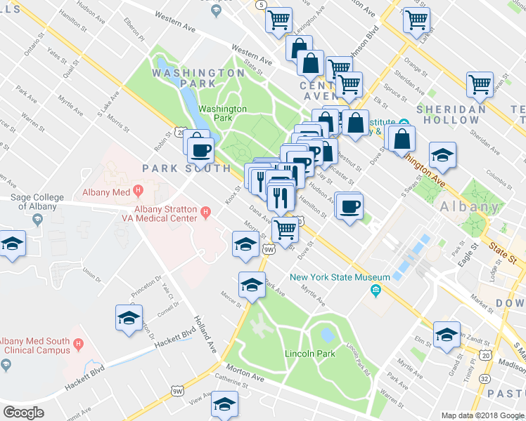 map of restaurants, bars, coffee shops, grocery stores, and more near 448 Madison Avenue in Albany