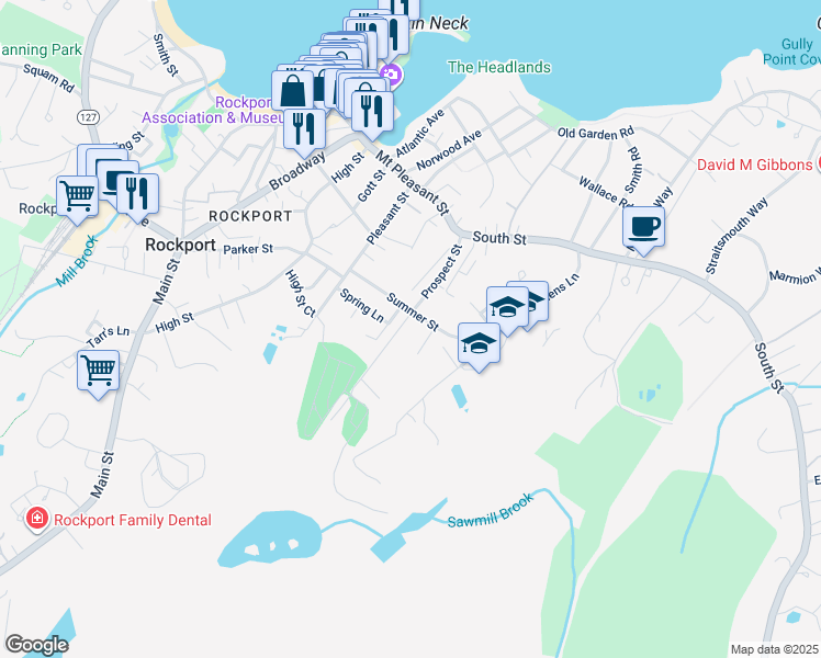 map of restaurants, bars, coffee shops, grocery stores, and more near 25 Prospect Street in Rockport