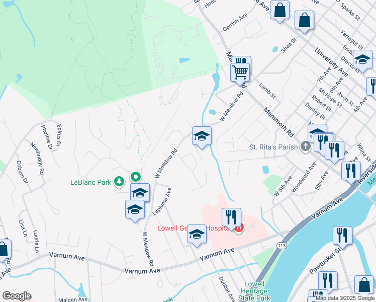 map of restaurants, bars, coffee shops, grocery stores, and more near 121 Mary Theresa Terrace in Lowell