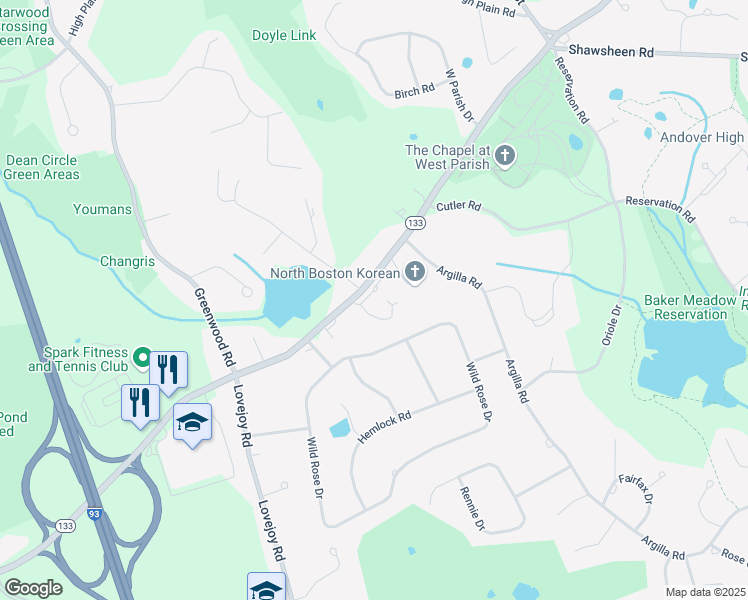 map of restaurants, bars, coffee shops, grocery stores, and more near 254 Lowell Street in Andover
