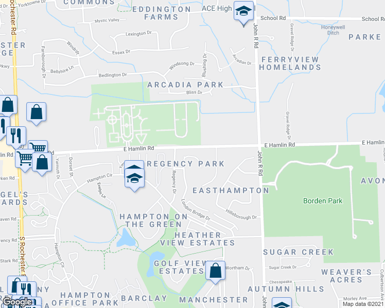 map of restaurants, bars, coffee shops, grocery stores, and more near 2138 London Bridge Drive in Rochester Hills