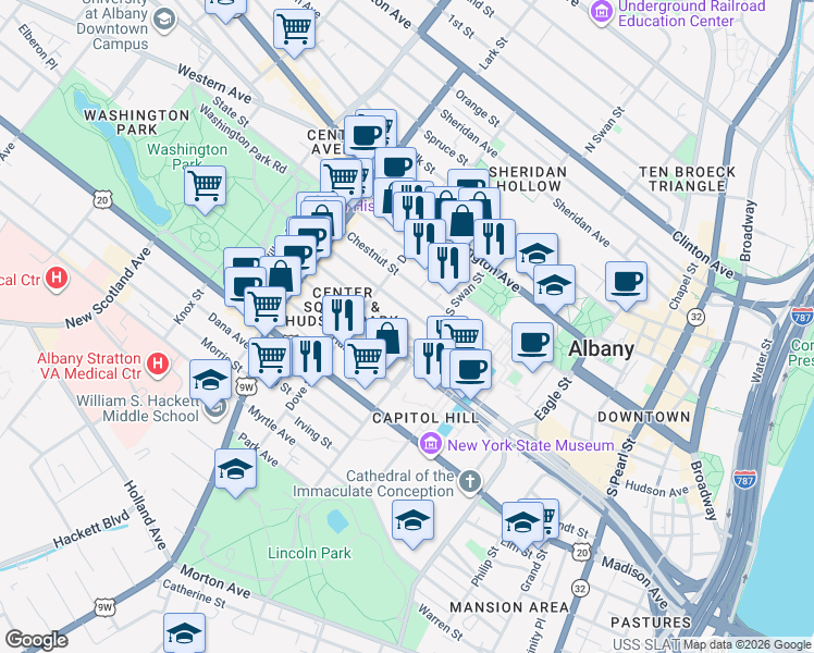 map of restaurants, bars, coffee shops, grocery stores, and more near 139.5 Jay Street in Albany