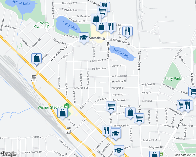 map of restaurants, bars, coffee shops, grocery stores, and more near 173 West Rundell Street in Pontiac