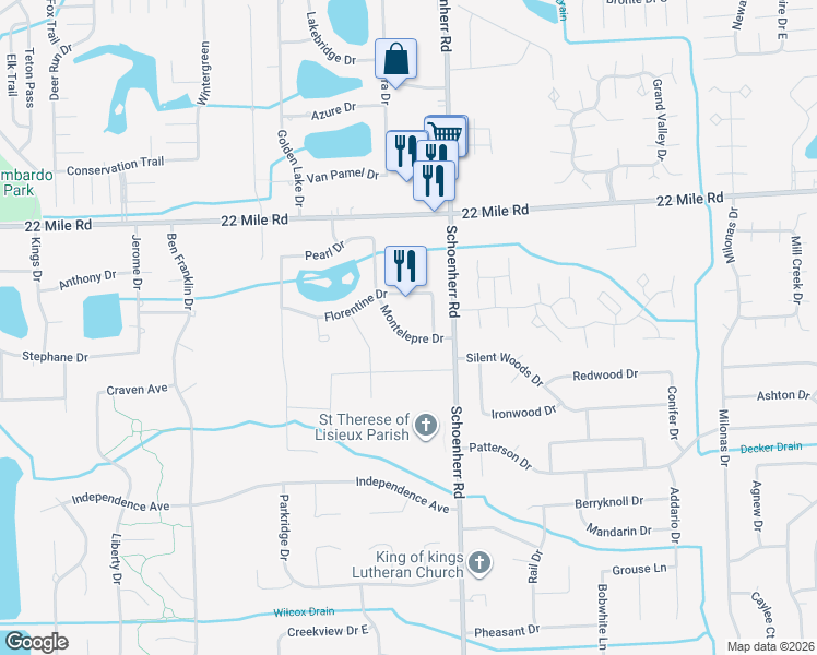 map of restaurants, bars, coffee shops, grocery stores, and more near 48491 Montelepre Drive in Macomb County