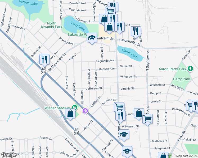 map of restaurants, bars, coffee shops, grocery stores, and more near 94 Putnam Ave in Pontiac