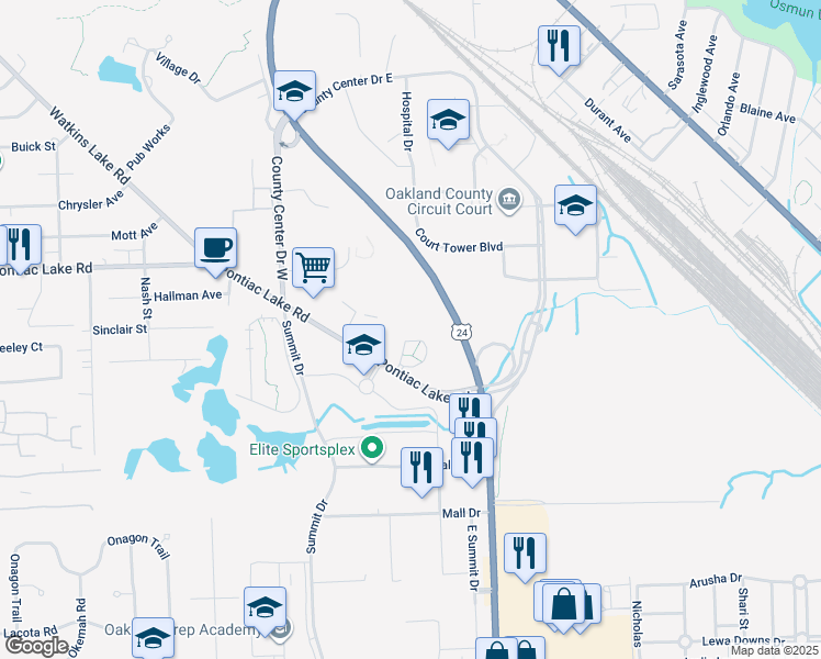 map of restaurants, bars, coffee shops, grocery stores, and more near 2100 Pontiac Lake Road in Oakland County