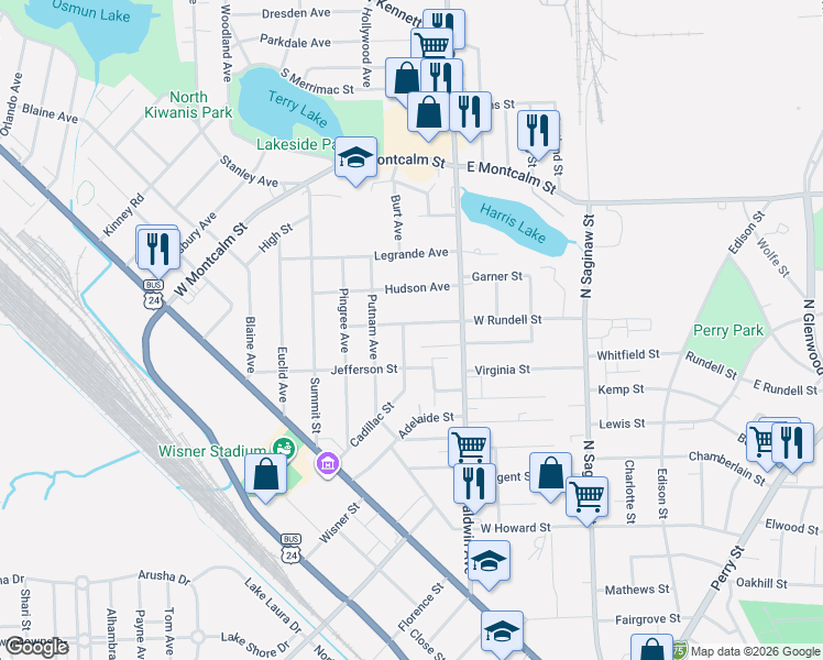 map of restaurants, bars, coffee shops, grocery stores, and more near 171 West Rundell Street in Pontiac