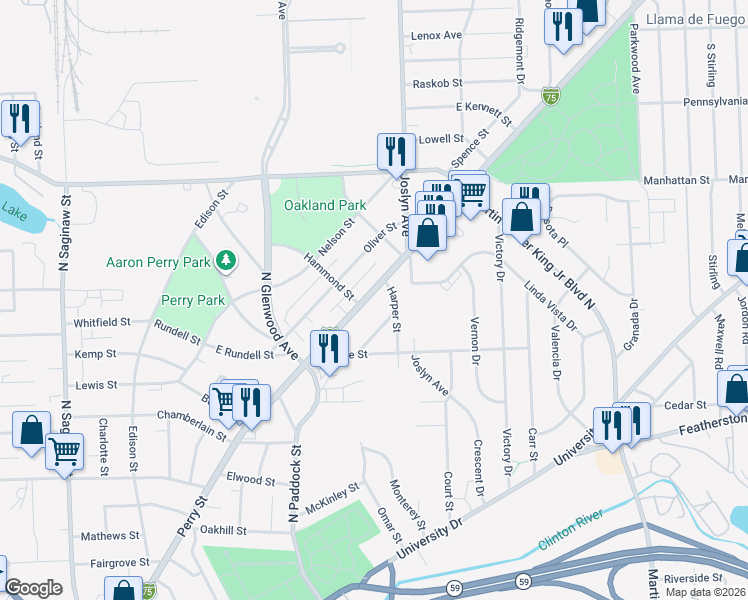 map of restaurants, bars, coffee shops, grocery stores, and more near 668 North Perry Street in Pontiac