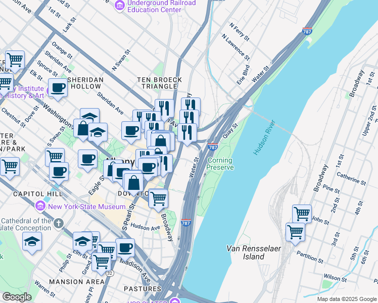 map of restaurants, bars, coffee shops, grocery stores, and more near 625 Broadway in Albany