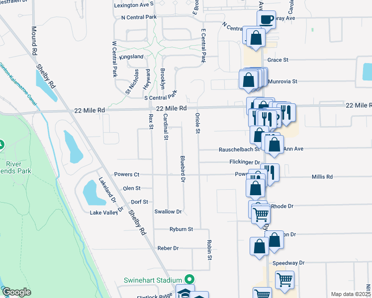 map of restaurants, bars, coffee shops, grocery stores, and more near 48580 Bluebird Drive in Macomb County