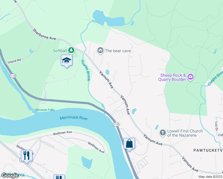 map of restaurants, bars, coffee shops, grocery stores, and more near 1512 Varnum Avenue in Lowell