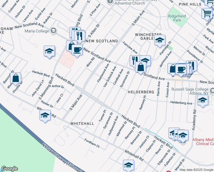 map of restaurants, bars, coffee shops, grocery stores, and more near 45 Van Schoick Avenue in Albany