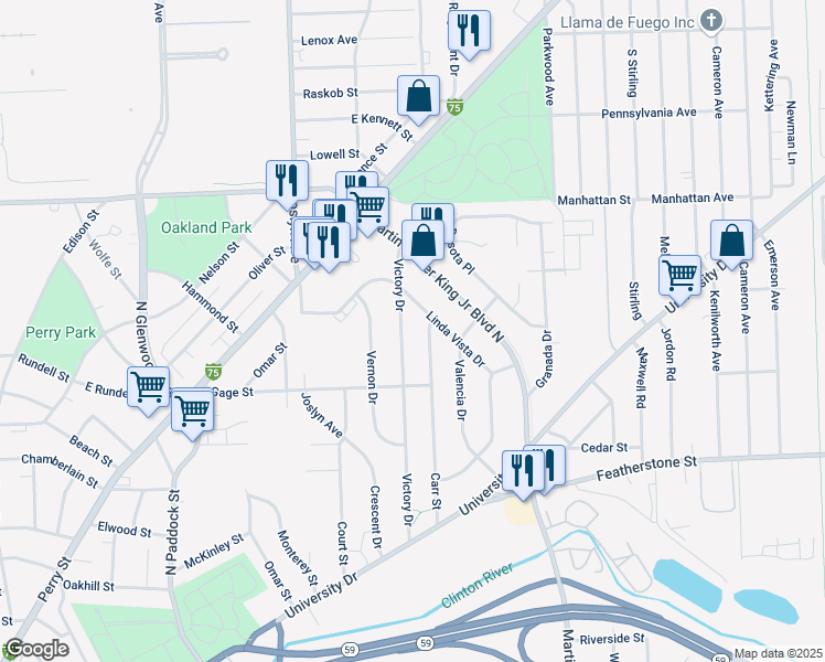 map of restaurants, bars, coffee shops, grocery stores, and more near 218 Victory Drive in Pontiac