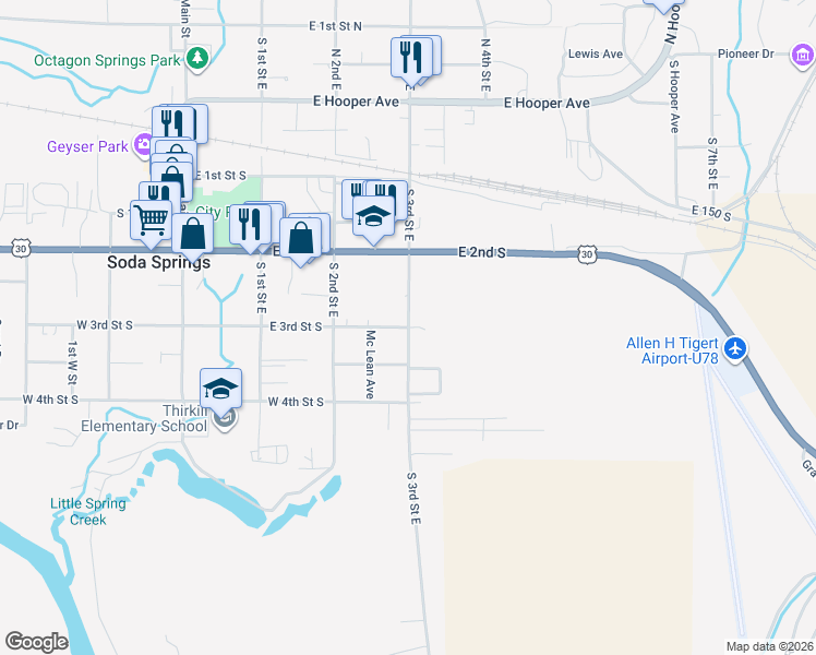 map of restaurants, bars, coffee shops, grocery stores, and more near 301 Bailey Creek Road in Soda Springs