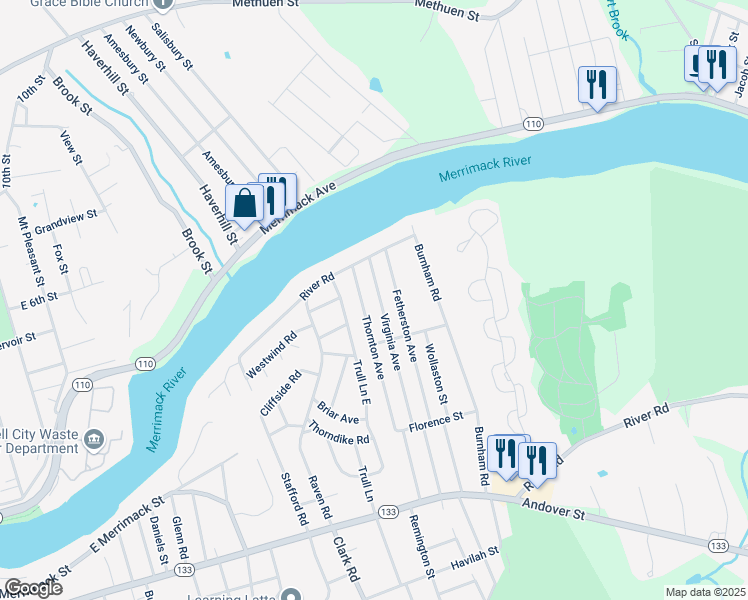 map of restaurants, bars, coffee shops, grocery stores, and more near 148 Virginia Avenue in Lowell