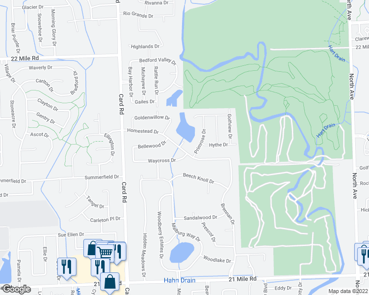 map of restaurants, bars, coffee shops, grocery stores, and more near 22137 Homestead Drive in Macomb