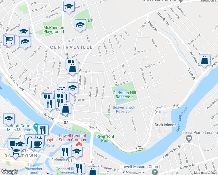 map of restaurants, bars, coffee shops, grocery stores, and more near 242 Beacon Street in Lowell