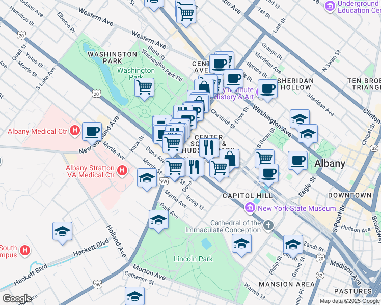 map of restaurants, bars, coffee shops, grocery stores, and more near 107 Dove Street in Albany