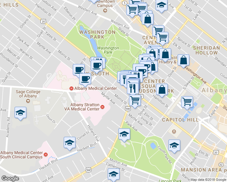 map of restaurants, bars, coffee shops, grocery stores, and more near 61 Morris Street in Albany