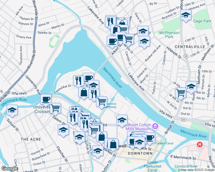 map of restaurants, bars, coffee shops, grocery stores, and more near 52 Lawrence Drive in Lowell