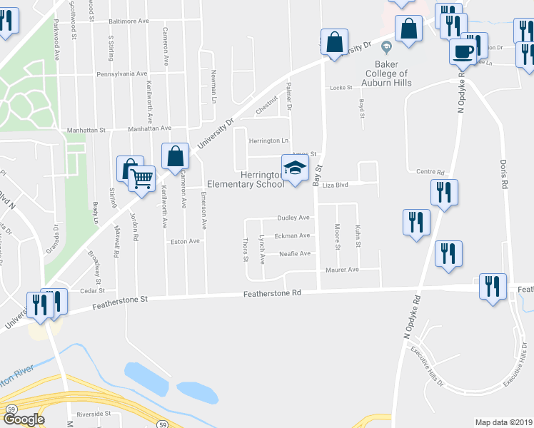 map of restaurants, bars, coffee shops, grocery stores, and more near 1133 Dudley Avenue in Pontiac