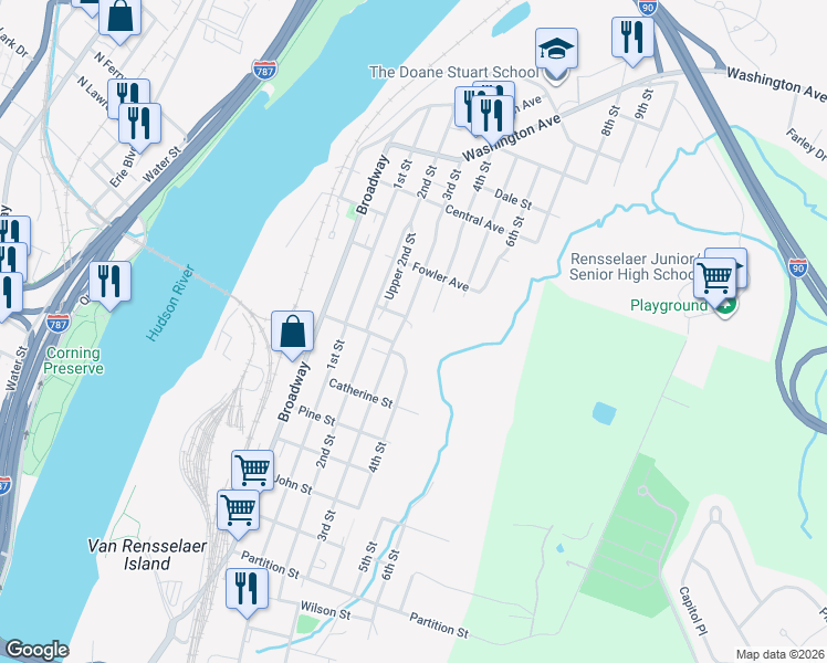 map of restaurants, bars, coffee shops, grocery stores, and more near 1422 3rd Street in Rensselaer