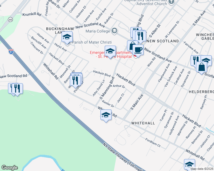 map of restaurants, bars, coffee shops, grocery stores, and more near 348 South Manning Boulevard in Albany