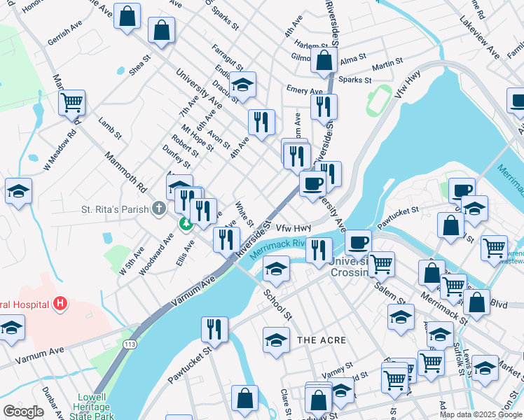 map of restaurants, bars, coffee shops, grocery stores, and more near 56 Mount Hope Street in Lowell