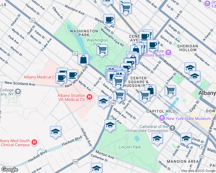 map of restaurants, bars, coffee shops, grocery stores, and more near 448 Madison Avenue in Albany