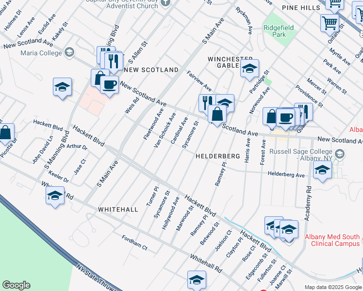 map of restaurants, bars, coffee shops, grocery stores, and more near 37 Cardinal Avenue in Albany