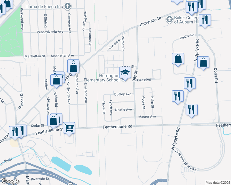 map of restaurants, bars, coffee shops, grocery stores, and more near 1133 Dudley Avenue in Pontiac