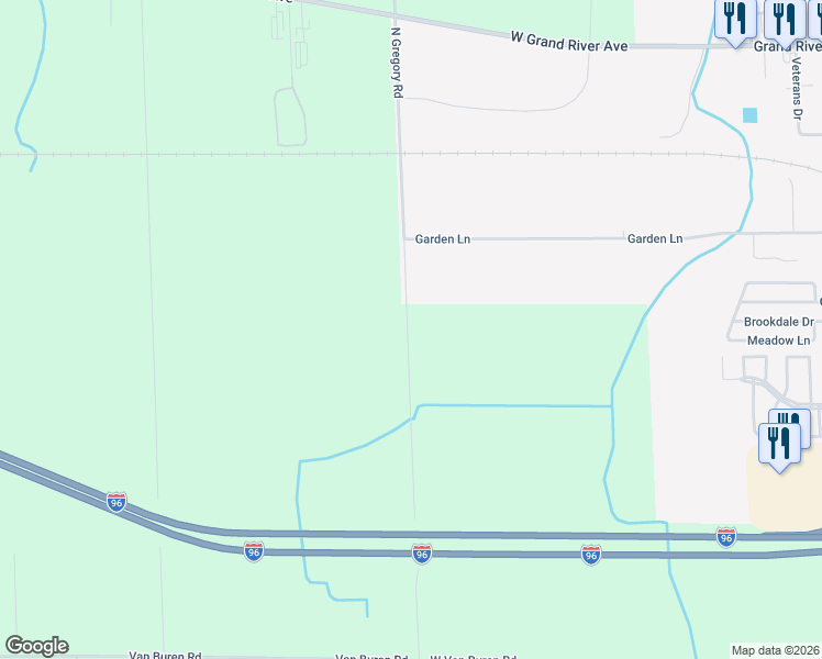 map of restaurants, bars, coffee shops, grocery stores, and more near 3680 North Gregory Road in Fowlerville