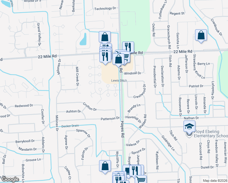map of restaurants, bars, coffee shops, grocery stores, and more near 15085 Newberry Court in Macomb County