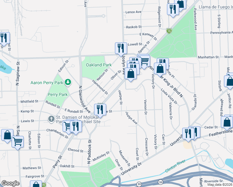map of restaurants, bars, coffee shops, grocery stores, and more near 668 North Perry Street in Pontiac