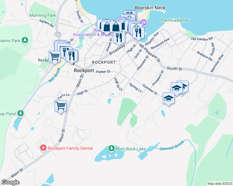 map of restaurants, bars, coffee shops, grocery stores, and more near 46 Pleasant Street in Rockport