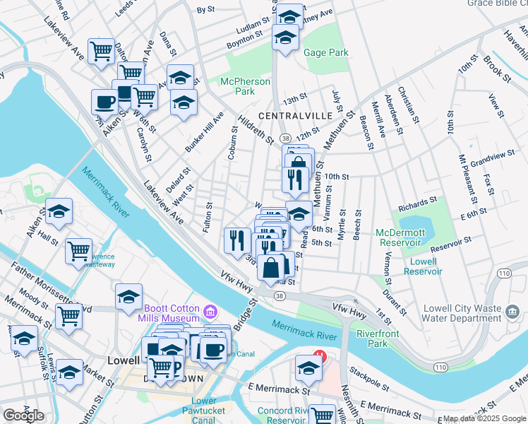 map of restaurants, bars, coffee shops, grocery stores, and more near 36 West 6th Street in Lowell