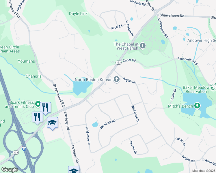 map of restaurants, bars, coffee shops, grocery stores, and more near 254 Lowell Street in Andover