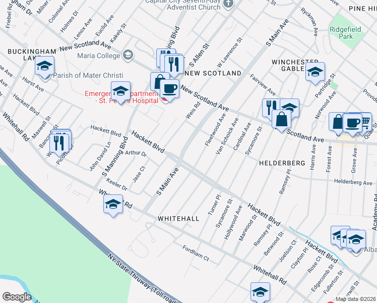 map of restaurants, bars, coffee shops, grocery stores, and more near 314 South Main Avenue in Albany
