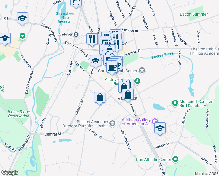 map of restaurants, bars, coffee shops, grocery stores, and more near 41 School Street in Andover
