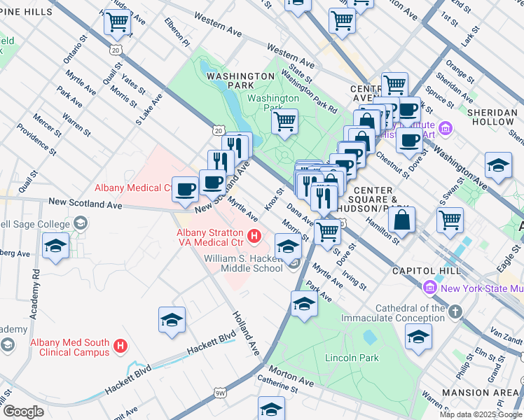 map of restaurants, bars, coffee shops, grocery stores, and more near 78 Morris Street in Albany