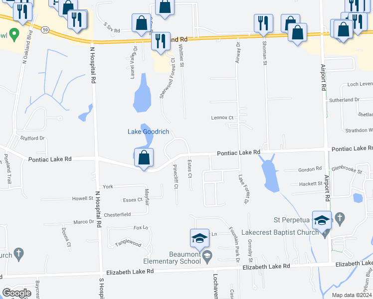 map of restaurants, bars, coffee shops, grocery stores, and more near 1027 Oak Pointe Drive in Waterford Township