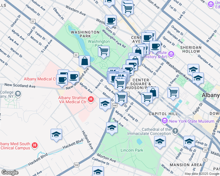 map of restaurants, bars, coffee shops, grocery stores, and more near 448 Madison Avenue in Albany